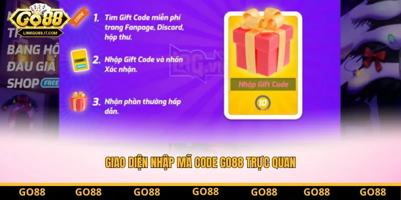 Giao diện nhập mã Code Go88 trực quan giúp người chơi nhận thưởng nhanh chóng